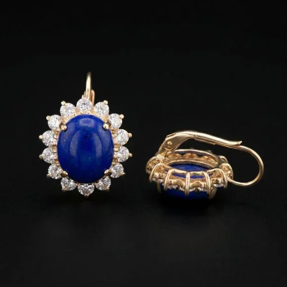 Vintage Lapis Lazuli & Swarovski Crystal Leverback Drop Earrings 18K HGE - Picture 4 of 5